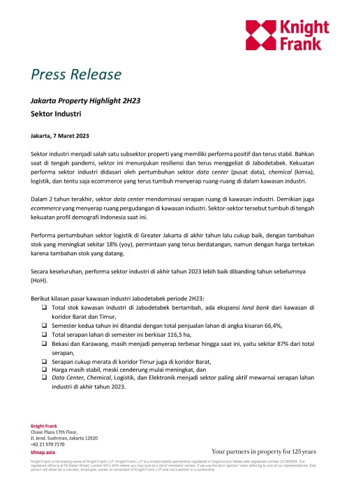 Rilis Pers - Jakarta Property Highlight 2H23 Sektor Industri | KF Map – Digital Map for Property and Infrastructure in Indonesia