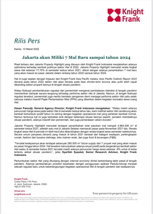 Rilis Pers - Jakarta Akan Miliki 7 Mal Baru Sampai Tahun 2024 | KF Map – Digital Map for Property and Infrastructure in Indonesia
