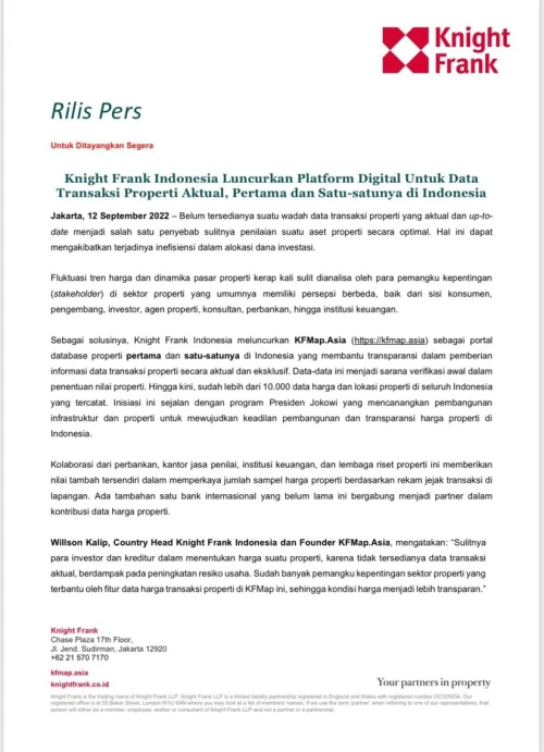 Rilis Pers - Knight Frank Indonesia Luncurkan Platform Digital Untuk Data Transaksi Properti Aktual | KF Map – Digital Map for Property and Infrastructure in Indonesia