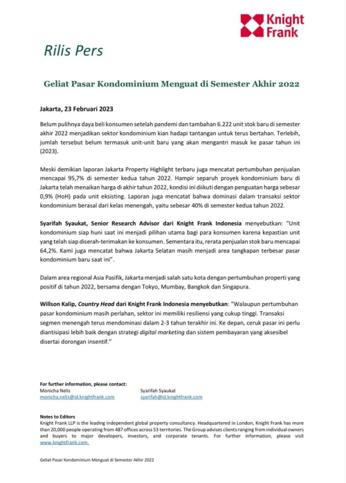 Rilis Pers - Geliat Pasar Kondominium Menguat di Semester Akhir 2022 | KF Map – Digital Map for Property and Infrastructure in Indonesia