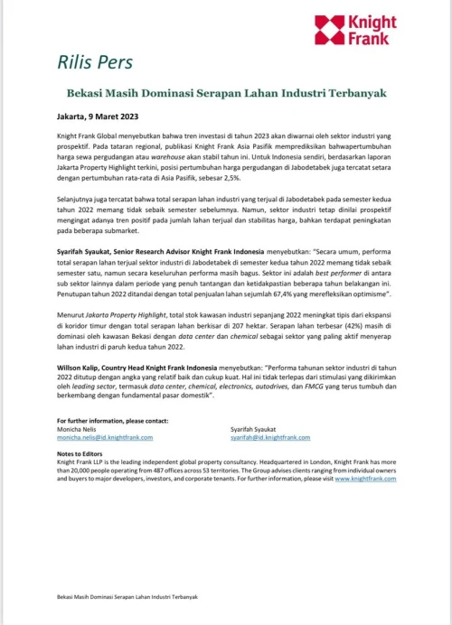 Rilis Pers - Bekasi Masih Dominasi Serapan Lahan Industri Terbanyak | KF Map – Digital Map for Property and Infrastructure in Indonesia